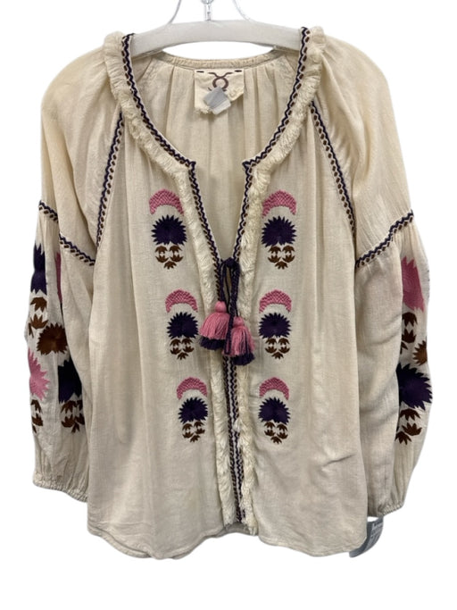 Figue Size S Cream multi Cotton V Neck Tassel Tie Detail Long Sleeve Top Cream multi / S