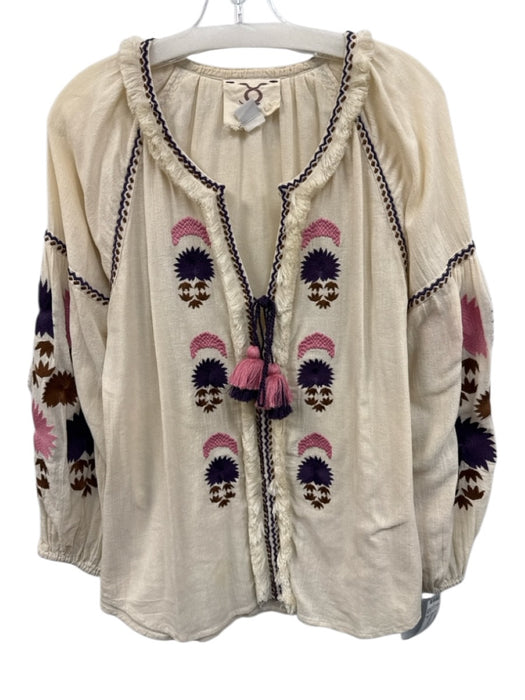 Figue Size S Cream multi Cotton V Neck Tassel Tie Detail Long Sleeve Top Cream multi / S