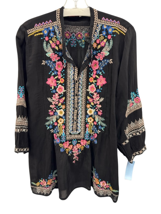 Johnny Was Size M Black Cupra Rayon Floral Embroidered 3/4 Button 3/4 Sleeve Top Black / M