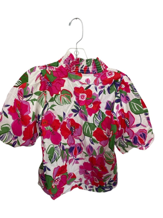 THML Size XS Red & green Cotton Short Balloon Sleeve Flowers V Neck Top Red & green / XS