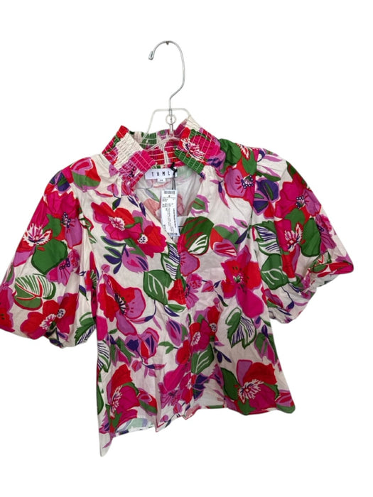 THML Size XS Red & green Cotton Short Balloon Sleeve Flowers V Neck Top Red & green / XS