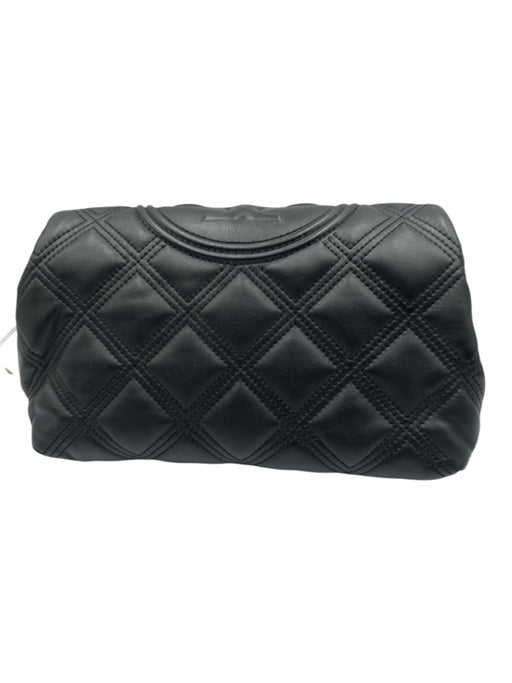 Tory Burch Black Leather Quilted Monogram Flap Closure Clutch Bag Black