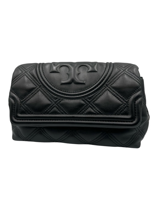 Tory Burch Black Leather Quilted Monogram Flap Closure Clutch Bag Black