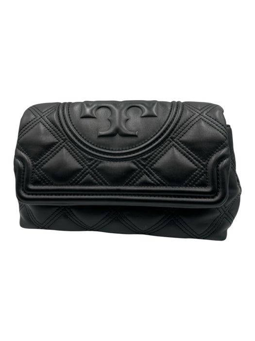 Tory Burch Black Leather Quilted Monogram Flap Closure Clutch Bag Black