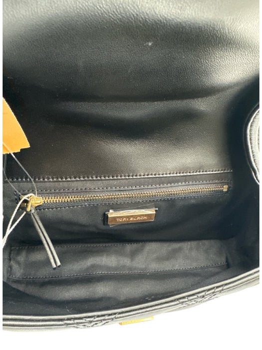 Tory Burch Black Leather Quilted Monogram Flap Closure Clutch Bag Black