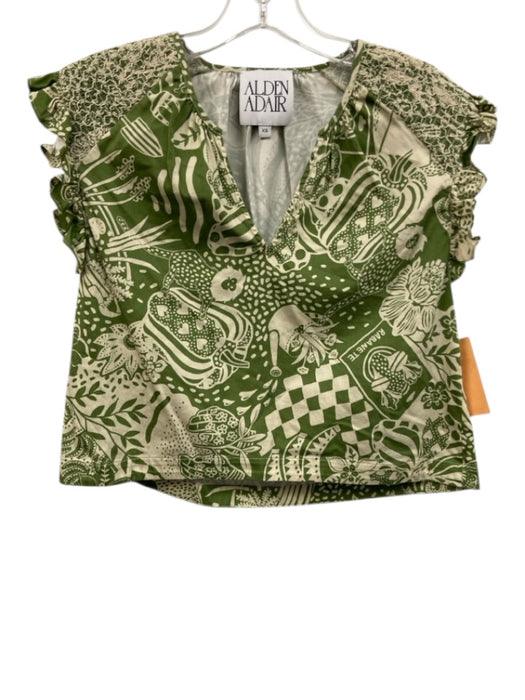 Alden Adair Size XS/M Green & White Cotton Shirred Floral Ruffles Short Set Green & White / XS/M