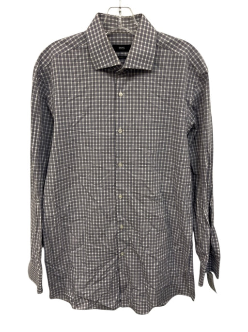 Boss Size 16.5 White, Gray & Blue Print Cotton Plaid Men's Long Sleeve Shirt White, Gray & Blue Print / 16.5