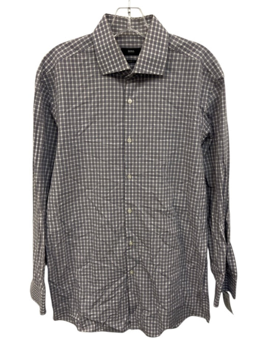 Boss Size 16.5 White, Gray & Blue Print Cotton Plaid Men's Long Sleeve Shirt White, Gray & Blue Print / 16.5