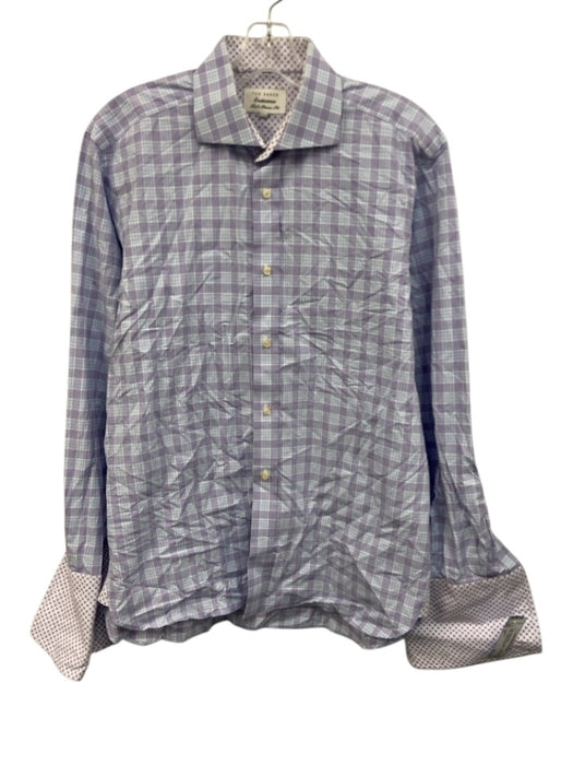 Ted Baker Size 16 White, Purple & Blue Cotton Plaid Men's Long Sleeve Shirt White, Purple & Blue / 16