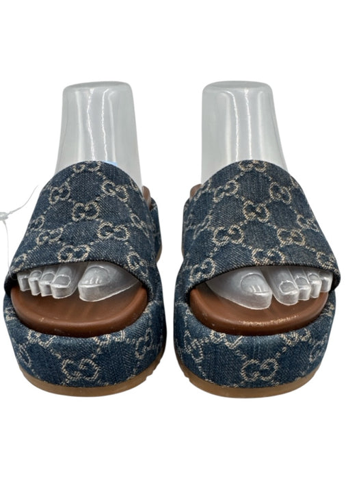 Gucci Shoe Size 36 Blue & Brown Canvas & Leather Slides Open Toe Sandals Blue & Brown / 36