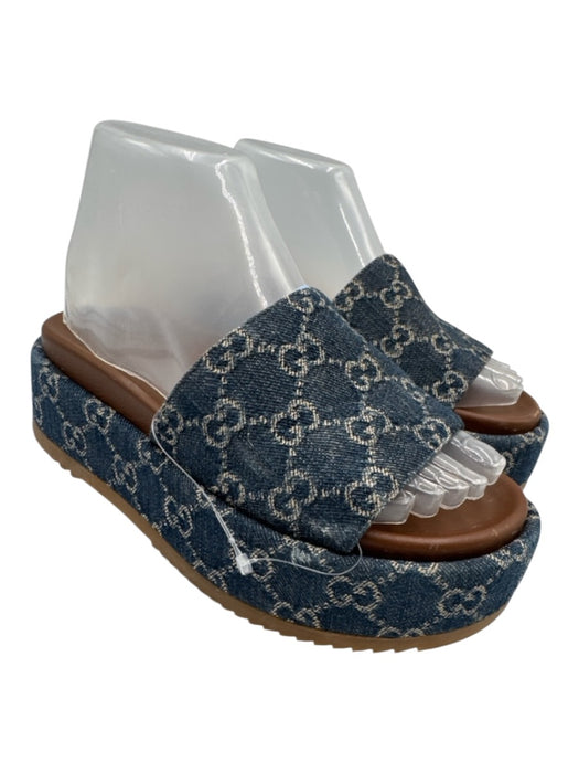 Gucci Shoe Size 36 Blue & Brown Canvas & Leather Slides Open Toe Sandals Blue & Brown / 36