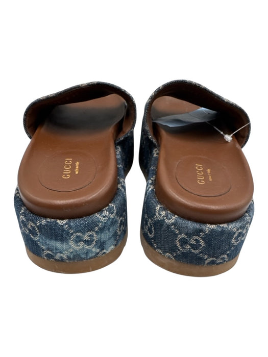 Gucci Shoe Size 36 Blue & Brown Canvas & Leather Slides Open Toe Sandals Blue & Brown / 36