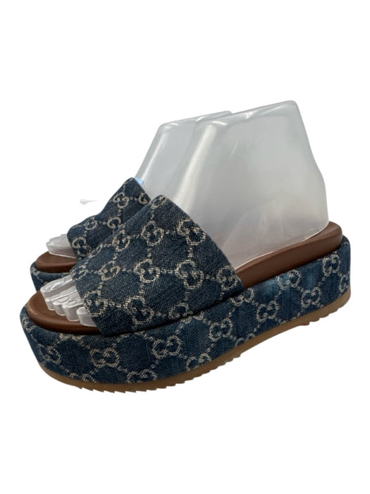 Gucci Shoe Size 36 Blue & Brown Canvas & Leather Slides Open Toe Sandals Blue & Brown / 36