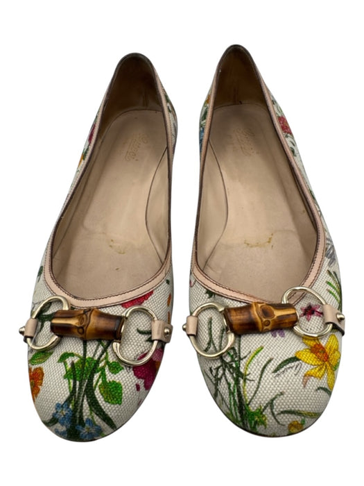Gucci Shoe Size 10 Beige, Green, Multi Canvas Upper Floral Bamboo Detail Flats Beige, Green, Multi / 10