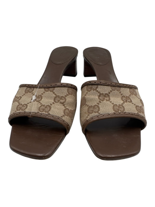 Gucci Shoe Size 9.5 Brown & Tan Leather & Canvas Stacked Heel Guccissima Sandals Brown & Tan / 9.5
