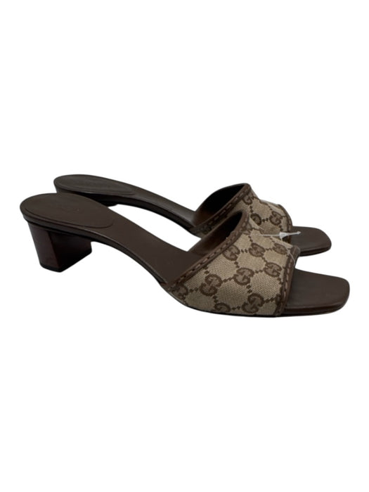 Gucci Shoe Size 9.5 Brown & Tan Leather & Canvas Stacked Heel Guccissima Sandals Brown & Tan / 9.5