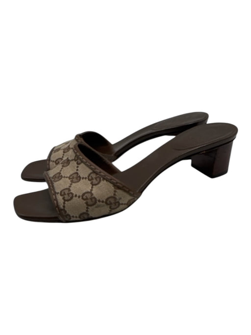 Gucci Shoe Size 9.5 Brown & Tan Leather & Canvas Stacked Heel Guccissima Sandals Brown & Tan / 9.5