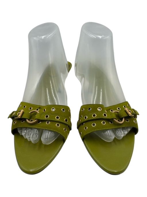 Gucci Shoe Size 9.5 Green Leather Stacked Heel Metal Rings Peep Toe Sandals Green / 9.5