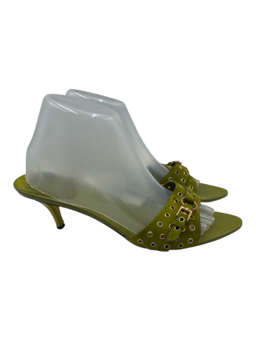 Gucci Shoe Size 9.5 Green Leather Stacked Heel Metal Rings Peep Toe Sandals Green / 9.5