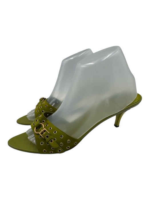 Gucci Shoe Size 9.5 Green Leather Stacked Heel Metal Rings Peep Toe Sandals Green / 9.5