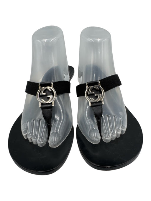 Gucci Shoe Size 9.5 Black Leather Flip Flop Thong Strap Kitten Heel Logo Sandals Black / 9.5