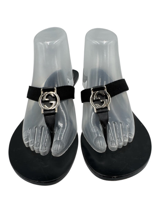 Gucci Shoe Size 9.5 Black Leather Flip Flop Thong Strap Kitten Heel Logo Sandals Black / 9.5