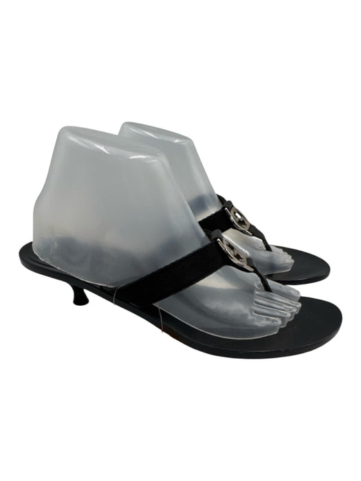 Gucci Shoe Size 9.5 Black Leather Flip Flop Thong Strap Kitten Heel Logo Sandals Black / 9.5