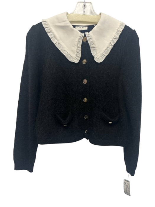 Sandro Size 0 Black & White Wool Blend Mohair detachable collar Pockets Cardigan Black & White / 0