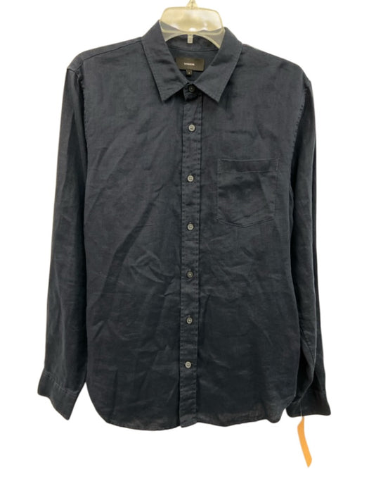 Vince Size S Navy Blue Linen Blend Solid Button Up Men's Long Sleeve Shirt Navy Blue / S