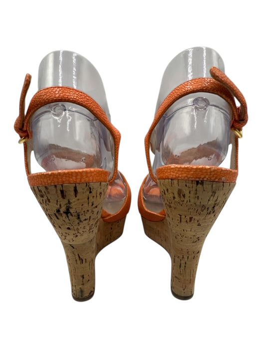 Miu Miu Shoe Size 40 Orange & Tan Leather Cork Wedge Pebbled Criss Cross Sandals Orange & Tan / 40