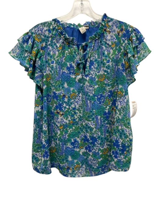 Joie Size M Teal blue & Green Print Polyester V Neck Floral Cap Sleeve Top Teal blue & Green Print / M