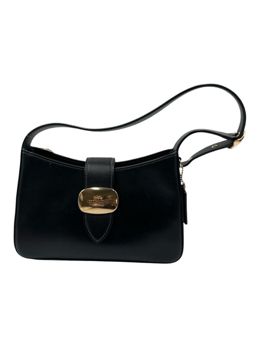 Coach Black Leather Shoulder Bag Structured Clasp Gold Tone Accent Bag Black / Small
