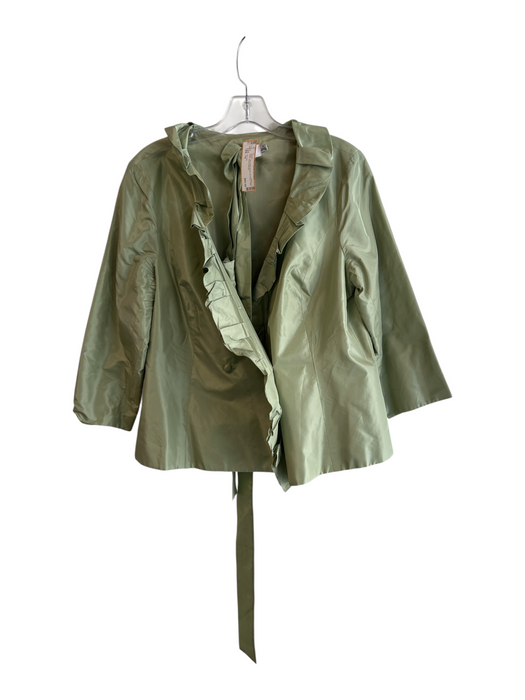 Teri Jon Size 14 Green Silk Ruffle Detail 3/4 Sleeve Belt Short Jacket Green / 14