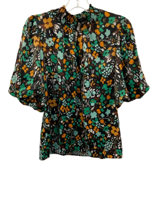 THML Size S Black, Green & Multi Polyester Puff Short Sleeve Keyhole Back Top Black, Green & Multi / S