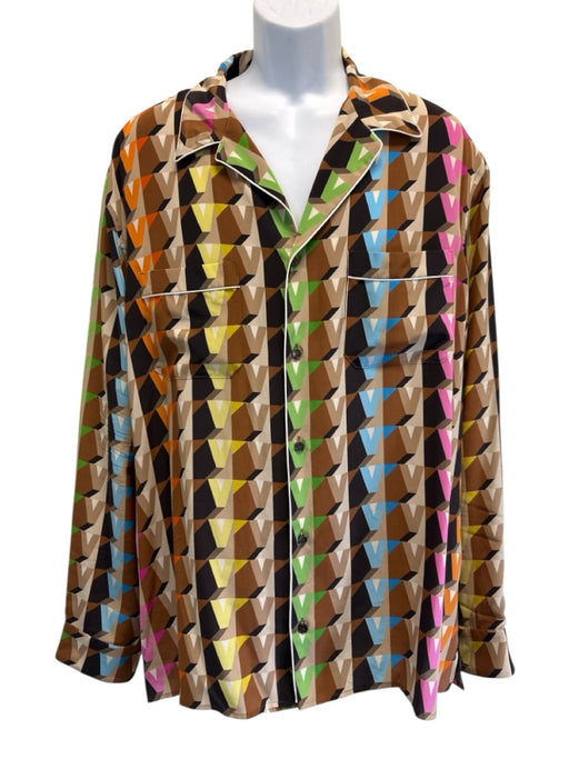 Valentino NWT Size 50 Brown & Multi Silk Logo Motif Button Up Long Sleeve Shirt Brown & Multi / 50