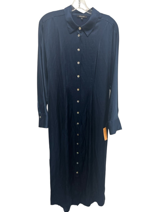 Madewell Size 10 Navy Blue Polyester Blend Satin Long Sleeve Button Front Dress Navy Blue / 10