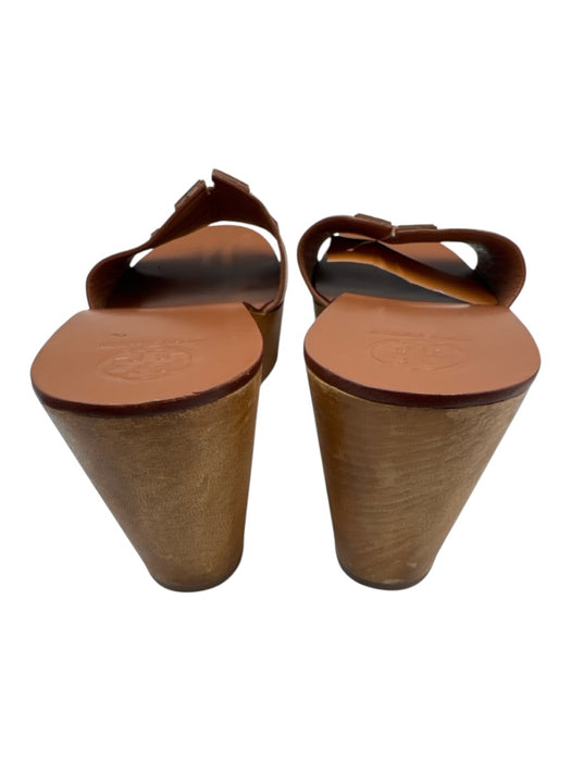 Tory Burch Shoe Size 8.5 Brown Leather Upper Wooden Sole Laser Cut Logo Sandals Brown / 8.5