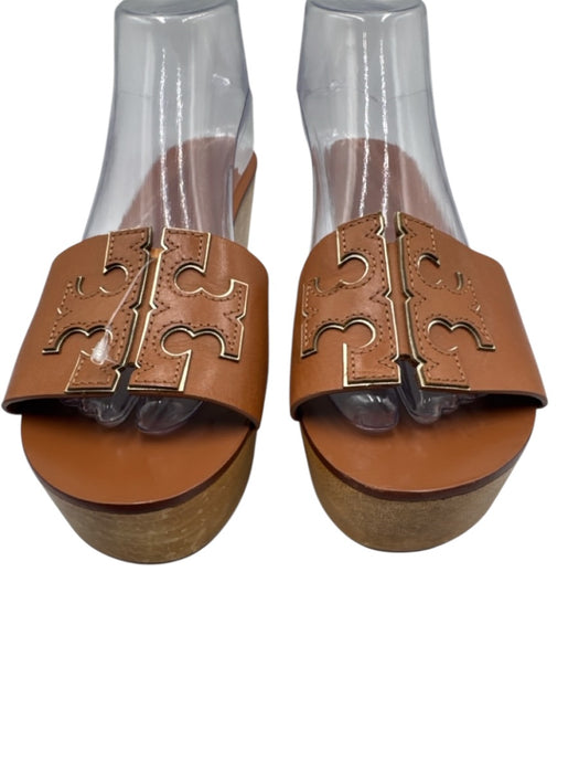 Tory Burch Shoe Size 8.5 Brown Leather Upper Wooden Sole Laser Cut Logo Sandals Brown / 8.5