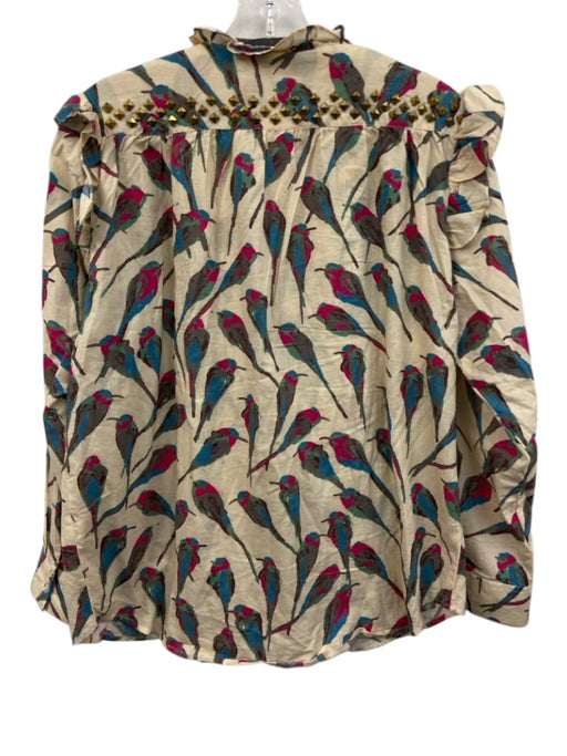 Sheridan French Size S Beige, Pink, Blue Cotton Studded Birds Ruffle Top Beige, Pink, Blue / S
