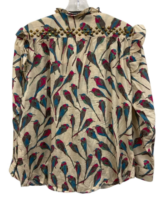 Sheridan French Size S Beige, Pink, Blue Cotton Studded Birds Ruffle Top Beige, Pink, Blue / S