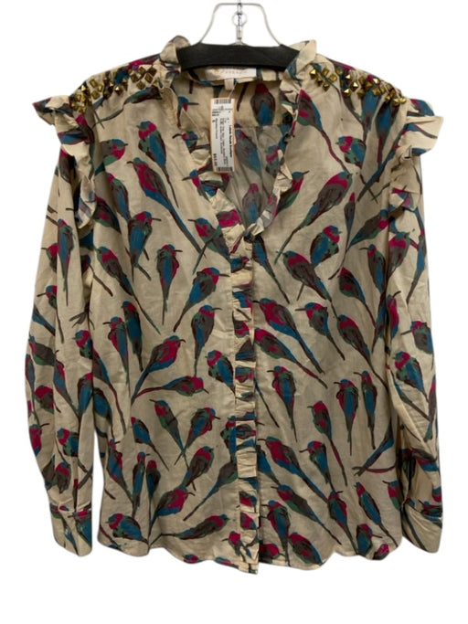 Sheridan French Size S Beige, Pink, Blue Cotton Studded Birds Ruffle Top Beige, Pink, Blue / S
