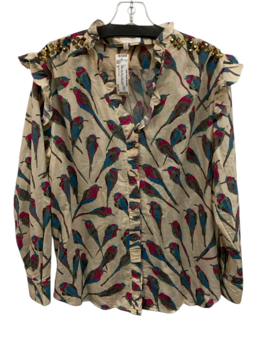 Sheridan French Size S Beige, Pink, Blue Cotton Studded Birds Ruffle Top Beige, Pink, Blue / S