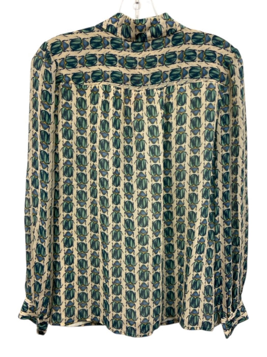 Tory Burch Size 4 Beige, Green, Blue Silk Beetle Button Down Long Sleeve Top Beige, Green, Blue / 4