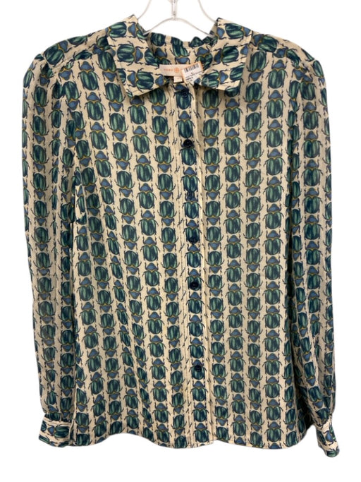 Tory Burch Size 4 Beige, Green, Blue Silk Beetle Button Down Long Sleeve Top Beige, Green, Blue / 4