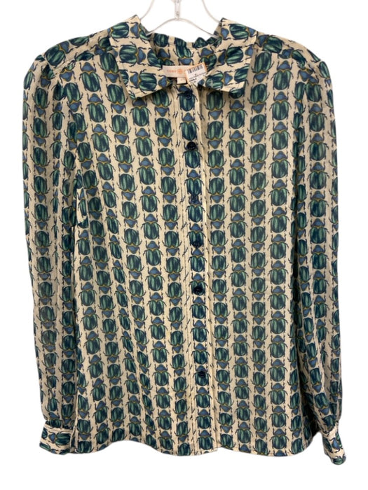 Tory Burch Size 4 Beige, Green, Blue Silk Beetle Button Down Long Sleeve Top Beige, Green, Blue / 4