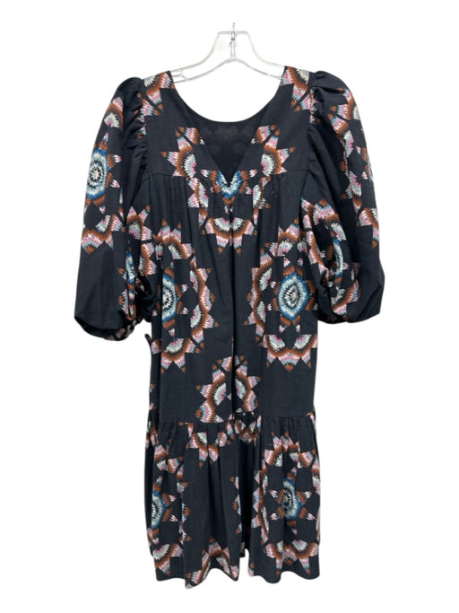Sea New York Size XXS Black & Multi Cotton Back Zip Geo Print Puff Sleeves Dress Black & Multi / XXS