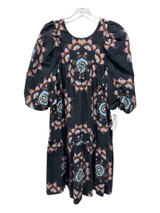 Sea New York Size XXS Black & Multi Cotton Back Zip Geo Print Puff Sleeves Dress Black & Multi / XXS