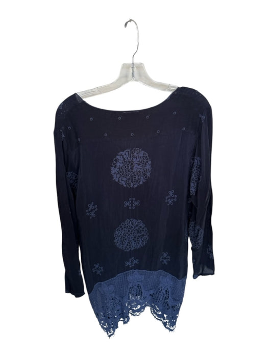Johnny Was Size L Navy Cupra Long Sleeve Lace Detail V Neck Dress Navy / L