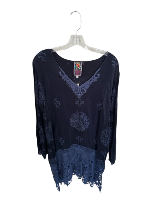 Johnny Was Size L Navy Cupra Long Sleeve Lace Detail V Neck Dress Navy / L