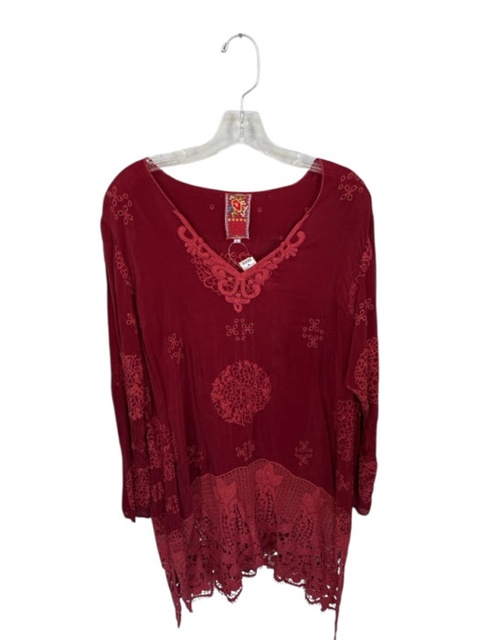 Johnny Was Size L Deep Red Cupra Long Sleeve Lace Detail V Neck Dress Deep Red / L
